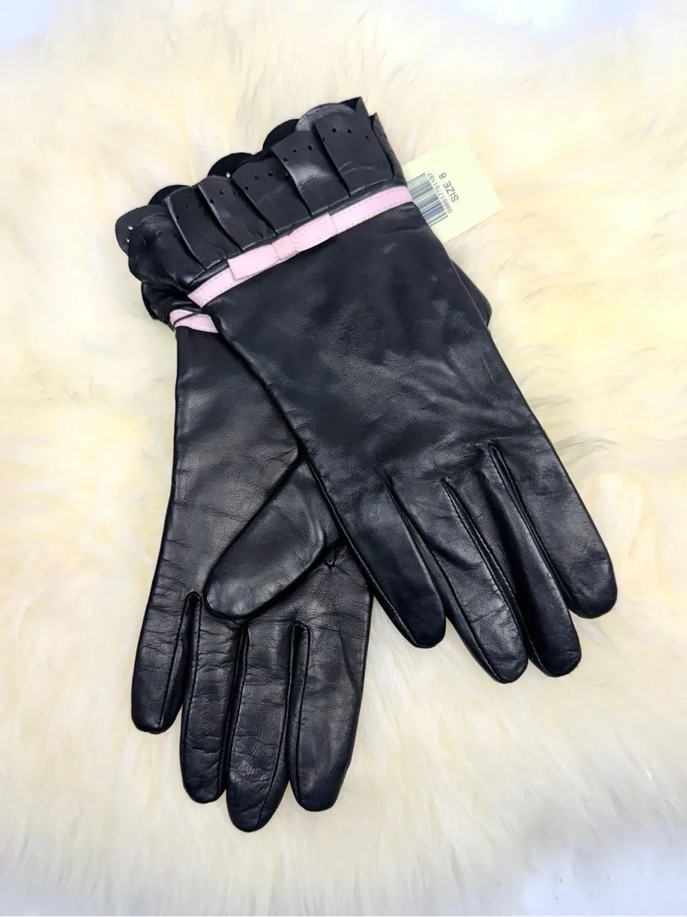 Lord & Taylor Black Leather Gloves Size 8 Pink Trim Bow Scalloped Cuff NWT Vtg